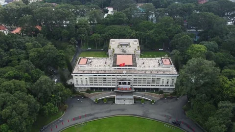 Aerial drone shot of the Reunification Palace, Saigon, Vietnam 4K Stock Footage 252124347