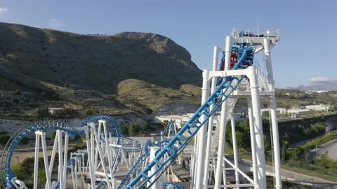 Aerial drone shot of roller coaster and theme park in Benidorm, Spain.  Stock Footage 143355533