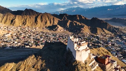 Aerial Drone shot of Sankar Gompa monastry of ladakh with beautiful sunset Stock-Footage 293117948