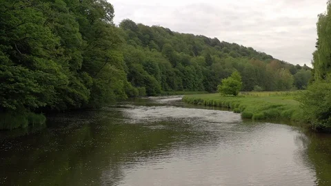 Aerial drone shot Semois river floating, morning, Belgium Ardennes 4K Stock Footage 109114459