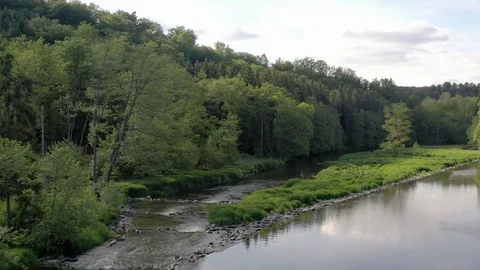 Aerial drone shot Semois river with a fish ladder, Belgium Ardennes 4K Stock Footage 109114791