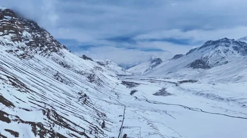 Aerial drone shot showcasing the stunning contrast of Spiti Valley’s rugged Stock-Footage 304943353
