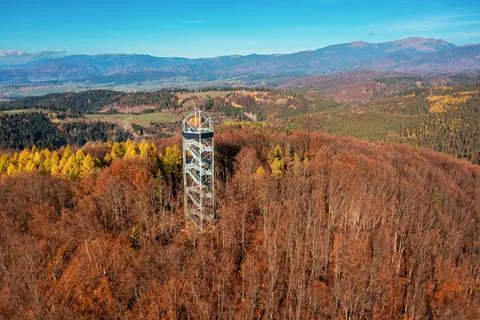 Aerial Drone Shot: Sightseeing Tower in Brezno, Autumn Scenery with Misty M.. Stock Photos