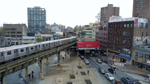 Aerial drone shot subway metro train and railway in New York City, Williamsburg Stock Footage