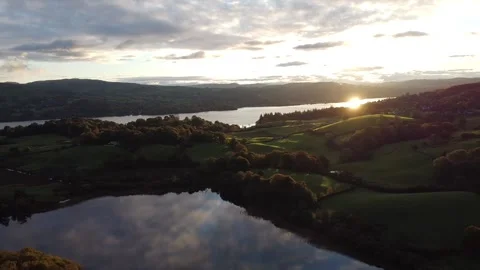 Aerial Drone Shot -  Sunrise over Lake Windermere - Lake District Stock Footage