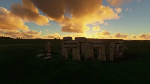 Aerial drone shot at sunset of Stonehenge on Salisbury Plain in Wiltshire Stock Footage 268687341