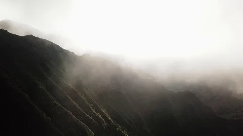 Aerial, drone shot, through, thick fog, above green, lava shaped Stock Footage 101450797