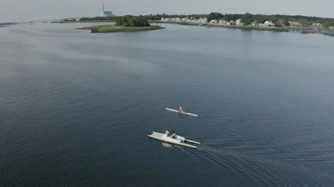 Aerial Drone Shot Tracking a Rower and Coach (Norwalk, Connecticut) Stock Footage 113993820