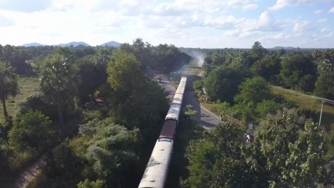 Aerial drone shot, Train in Burma, 4K stabilized Stock Footage 102145109
