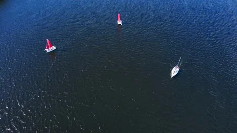 Aerial drone shot tree catamarans sailing the blue sea.  Stock Footage 201517934