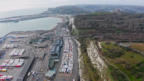 Aerial drone shot of trucks queueing to leave the UK at dover to calais Stock Footage 145089145