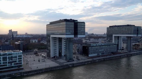 Aerial Drone Shot w/ Elevator/ Crane Shot of Office Building in Cologne Stock Footage 126823002