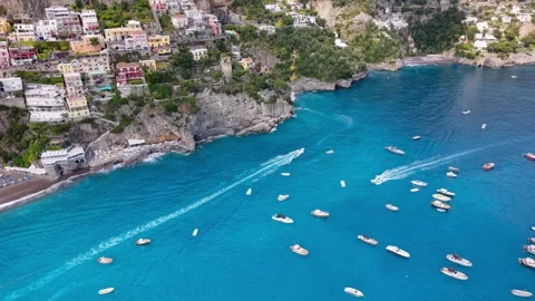 Aerial Drone Side View Positano Village Cliffs Beach Boats Amalfi Italy 스톡 동영상 337890083