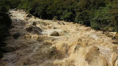 Aerial drone slow motion view of Urubamba River near Machu Picchu and Andes in Video stock 105890377