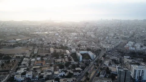 Aerial Drone Slow Pan Left High Over Dakar Senegal Cityscape Pollution Haze Stock Footage 335781155