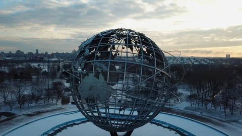 Aerial Drone slow push into closeup of Unisphere Flusing Meadow Park NYC Stock Footage 103813448