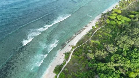 Aerial Drone Slow Rotation From Beach Vegetation Over Sea Waves Gili Meno South Stock-Footage 330976986