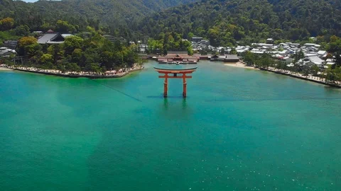 Aerial Drone slow smooth ascent - Itsukushima Shrine at Miyajima, Hiroshima, Stock Footage 93017175