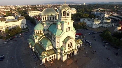 Aerial, Drone, Sofia, Bulgaria, Alexander Nevsky Cathedral At Sunset Stock Footage
