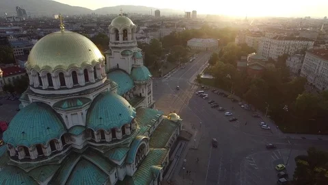 Aerial, Drone, Sofia, Bulgaria, Alexander Nevsky Cathedral At Sunset Video stock 74087527