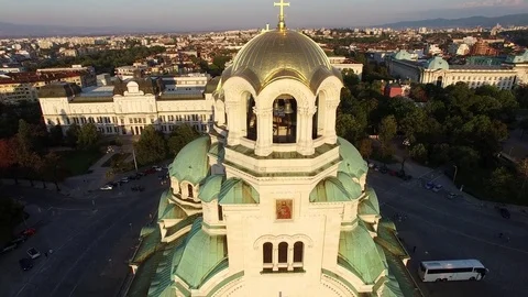 Aerial, Drone, Sofia, Bulgaria, Alexander Nevsky Cathedral At Sunset Video stock 74087598
