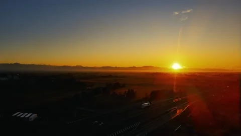 Aerial Drone - Spring Landscape at Dawn on an Italian Highway Stock Footage 220348309