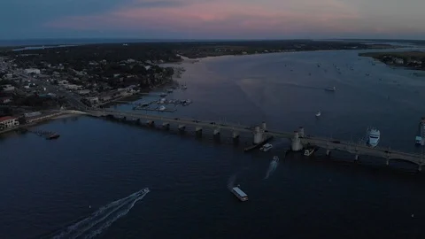 Aerial drone of St. Augustine bridge and boats Stock Footage 128769814