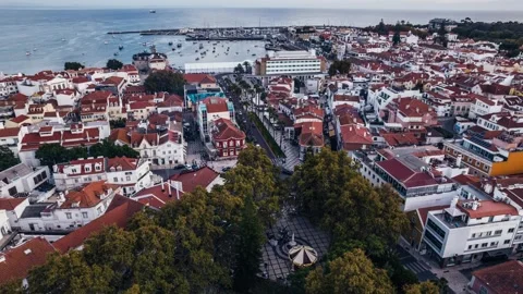 Aerial drone static timelapse view of historic centre of Cascais, Portugal Stock Footage 253072814