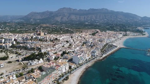 Aerial Drone Stunning forward view of Altea village in Mediterranean Coast Stock Footage 129942352