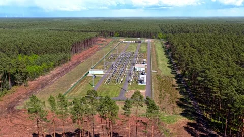 Aerial Drone Substation Forest Clearing Wind Turbines Landscape Vidéo 337036703