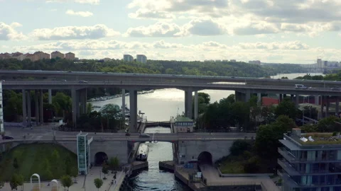 Aerial Drone summer view of a lock with bridges, canal and bay Video stock 150748957
