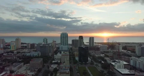 Aerial drone sunrise of the city St Petersburg Florida Stock Footage