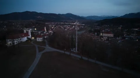 Aerial Drone Sunset Hyperlapse Chapel Church on Hill &amp; City, River in Background Stock Footage 173598492