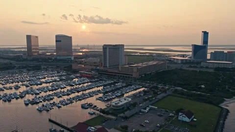 Aerial Drone Sunset Over Atlantic City New Jersey Beach and Bay With Casinos Stock Footage 282379587
