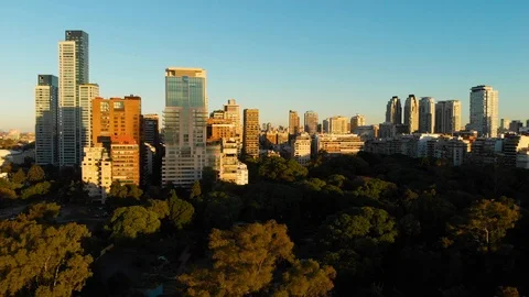 Aerial drone sunset, Tree park and Skyscraper buildings, Palermo, Buenos Aires Stock Footage 100893283