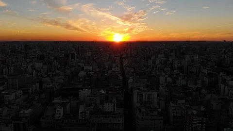 Aerial drone sunset view of Buenos Aires downtown Skyscrapers Buildings, low sun Stock Footage 100885677