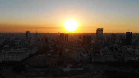 Aerial drone sunset view of Buenos Aires downtown Skyscrapers Buildings, low sun Stock Footage 100887274