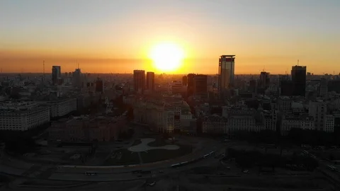 Aerial drone sunset view of Buenos Aires downtown Skyscrapers Buildings, low sun Video stock 100887428