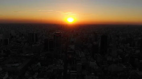 Aerial drone sunset view of Buenos Aires downtown Skyscrapers Buildings, low sun Video stock 100887697