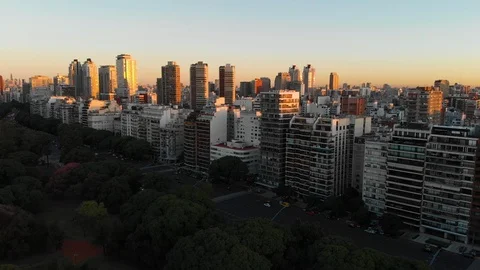 Aerial drone sunset view of Palermo Recoleta Skyscraper buildings, Buenos Aires Stock Footage 100887342