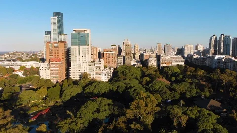 Aerial drone sunset view of Palermo Skyscrapers, park trees, Buenos Aires Stock Footage 100890988