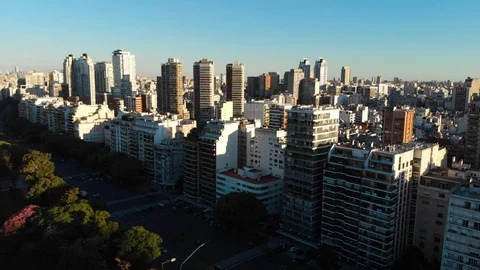 Aerial drone sunset view of Palermo Recoleta Skyscraper buildings, Buenos Aires Stock Footage 100891471