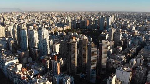 Aerial drone sunset view of Palermo Skyscraper buildings, Buenos Aires Stock Footage 100893929