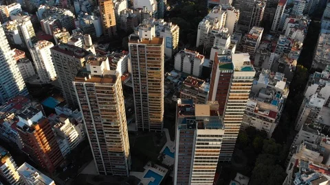 Aerial drone sunset view of Palermo Skyscraper buildings, Buenos Aires Stock Footage 100894394