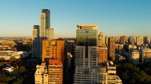 Aerial drone sunset view of Palermo Recoleta Skyscraper buildings, Buenos Aires Stock Footage 100898361