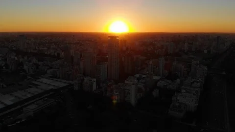 Aerial drone sunset view of Palermo Skyscraper buildings, low sun, Buenos Aires Stock Footage 100898885