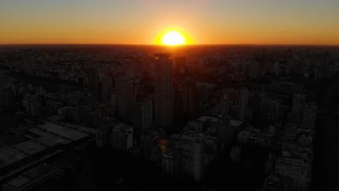 Aerial drone sunset view of Palermo Skyscraper buildings, low sun, Buenos Aires Stock Footage 100899003