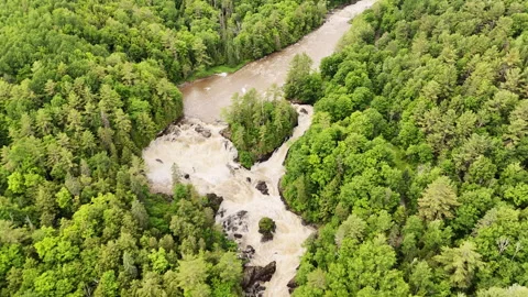 Aerial Drone Tilts Down to Reveal Chutes de Plaisance Waterfall from Above Stockbeeldmateriaal 337418023