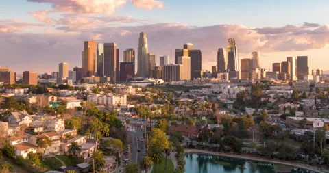 Aerial drone time lapse of downtown Los Angeles California at golden hour sunset Stock Footage 254756115