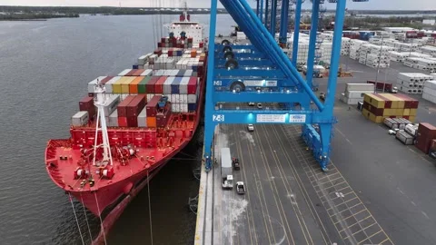 Aerial Drone Timelapse of Cargo Ship Being Loaded and Unloaded in Port Stock Footage 186411190